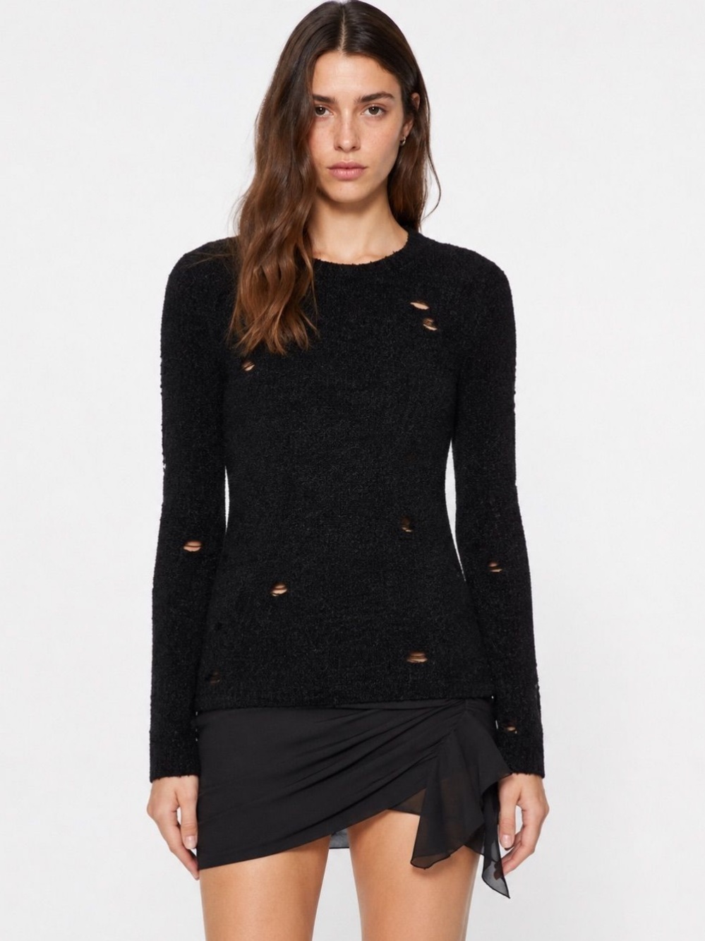 Alexander Wang Black Textured Crewneck Pullover distressed sweater M